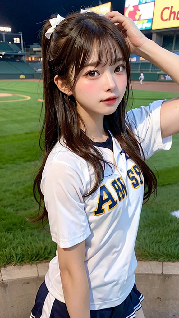 (8k, masterpiece, highest quality),girl1name、wet sweat、baseball、cheerleader clothes、chocolate banana in hand、toffee apple、Simple baseball stadium background、head shot、