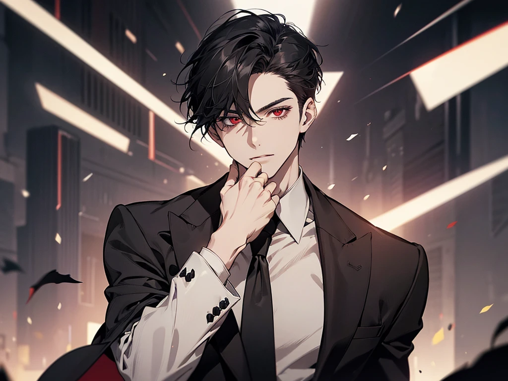 Henry is a 30 year old man with black hair and sharp red eyes like a hawk, Henry wearing a black suit and tie taken in the early 2020s, gotham, alejandro, she looks very graceful,short black hair combed to the left side, dynamic posture, one person,He is a firm figure and has a face that tends to be a bit stiff, he has eye bags that are quite obvious, and he has pale white skin, I think he is around 185cm tall with a good and sturdy body size.