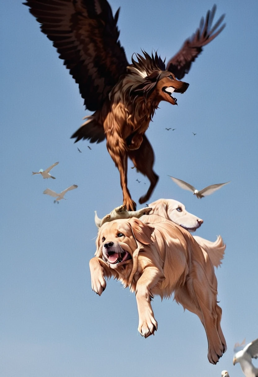 There is a bird flying over the dog, Eagle eats snakes, Flying giant animals, Hot Photos, Intense Combat, flying mythical beasts, The puppies merged into one, Threatening!!!, Split into wings in half, caught on camera, Thought-provoking, Very accurate pictures, Extremely clear images, Good vs. Evil, The battle between good and evil, standoff