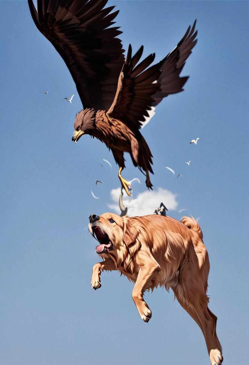 There is a bird flying over the dog, Eagle eats snakes, Flying giant animals, Hot Photos, Intense Combat, flying mythical beasts, The puppies merged into one, Threatening!!!, Split into wings in half, caught on camera, Thought-provoking, Very accurate pictures, Extremely clear images, Good vs. Evil, The battle between good and evil, standoff