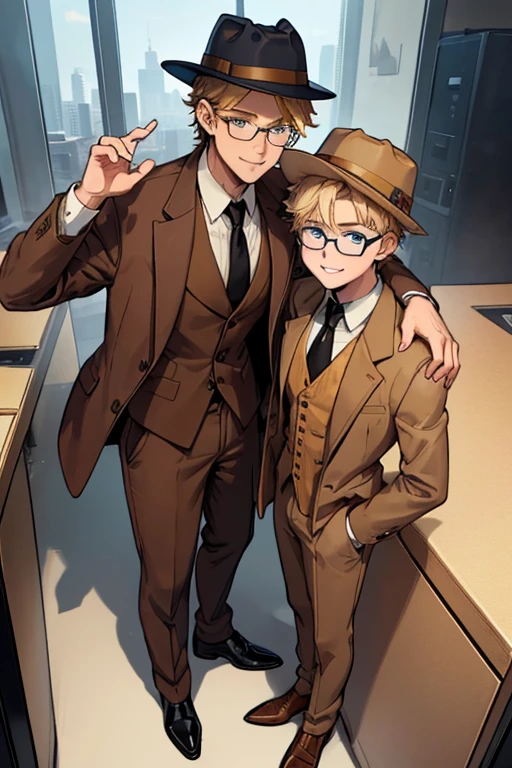 male, blonde short messy hair, blue eyes, (((1boy))), (((brown suit jacket))), (white dress shirt), (golden yellow vest), (brown dress pants), (black necktie), (black dress shoes), (brown trilby hat), (glasses), young, long legs, smiling, single man, no other people