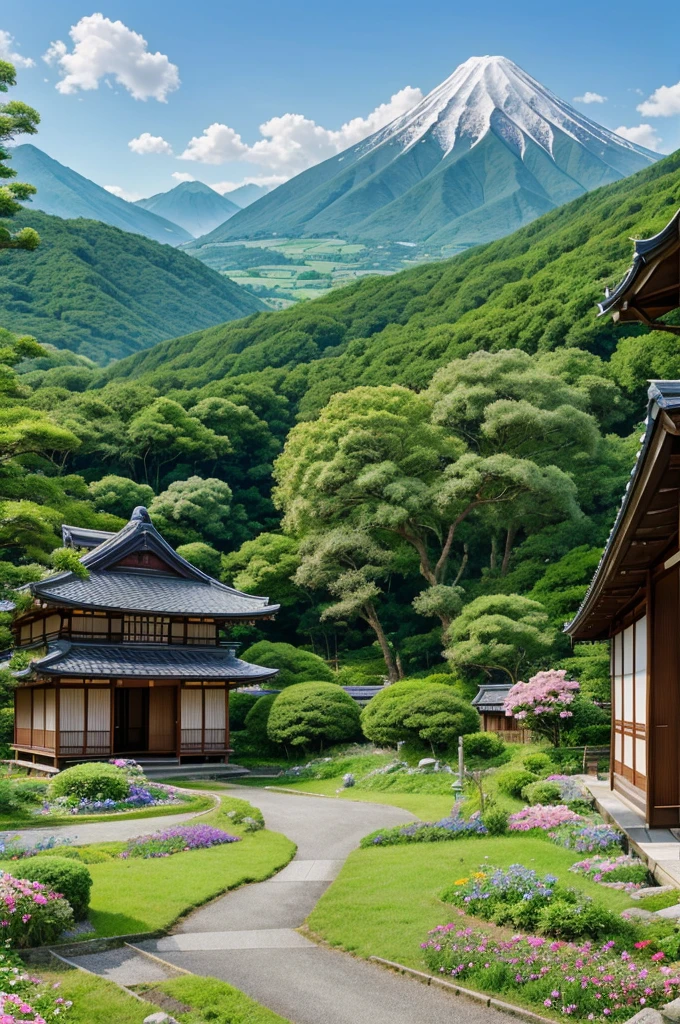 serene countryside scene with mountains in the background, a blue sky with fluffy clouds, and traditional Japanese houses surrounded by lush a greenery and colorful flowers. In the style of Studio Ghibli."