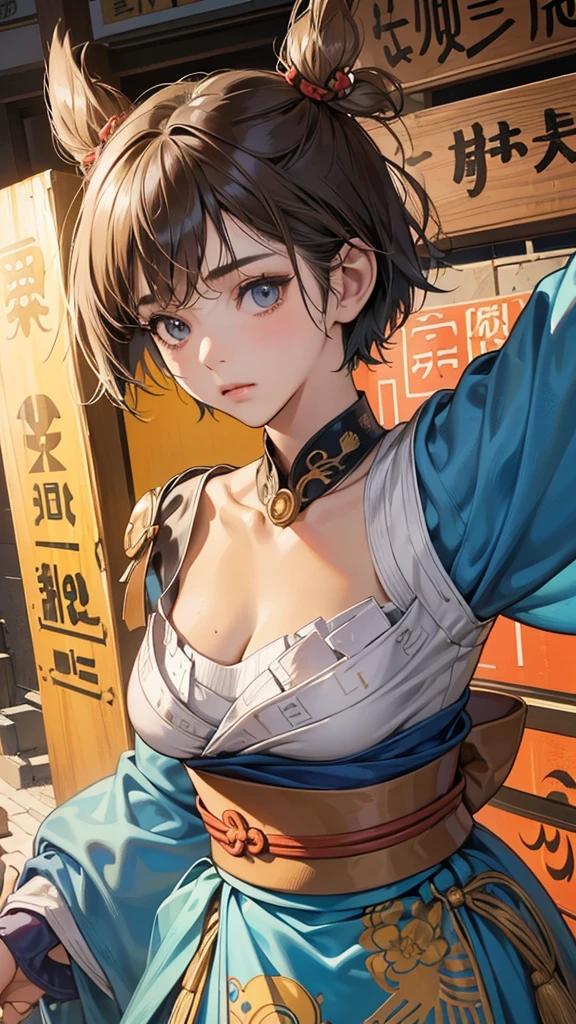 (perfect anatomy:1.2)(absurdres, highres, ultra detailed),masterpiece,best quality,high resolution,8k,Realistic face,Realistic skin texture,magnified textures, stunning clarity,detailed anime girl,(ultra detailed eyes and face),(:1.2),(baby face:1.2),japanese girl,floral printed blue yukata,、(very short hair:1.5)(two side up:1.6)、tareme,light brown hair:1.2,kanzashi、glamor、short stature、(Impatience:1.4)(in a hurry:1.5)(bust up:1.4),Steampunk in the Edo Period、(Vivid hieroglyph signs and street advertisements:1.2)、,autumn、hieroglyph,souk、Shopping Street、Ancient Egyptian statues,reaching out,(tanned skin:1.3 ),big breasts,look up viewer,round face,Shoulder Bare,(from front:1.2),cleavage cutout,(running:1.5)(dashing:1.5)