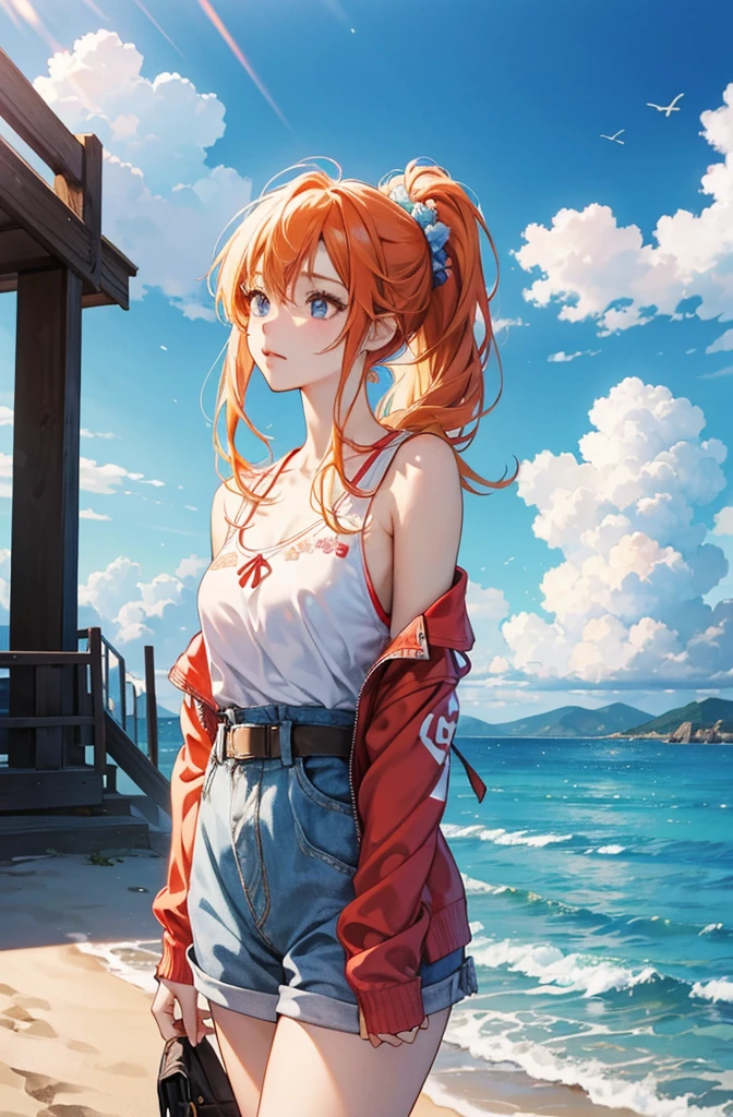 Very colorful, Pop feel, Blue sky, cumulonimbus, California, Pasadena, Beach, Seaside, Summer image, sense of openness, Beautiful woman with orange ponytail, Very beautiful detailed eyes, Beautiful and delicate eyes, Around 25 years old, Red Tank Top, Wearing a jacket, stylish belt, Perfect tall model figure,mysterious, Cool Beauty, West Coast, Shining summer memories, Anime drawing by Yang J, シティポップのお洒落なCD jacket, Art Station Trends, realism, extremely detailed The buds of art, Realistic anime 3D style, Anime Style 4 k, Up to the model | The buds of art, Anime Style. 8k, Casual clothing, Realistic anime art style, style The buds of art, Sharp contours, Highest quality, The perfect angle, Perfect composition, Perfect subject, Best Shot, Official Art，CD jacket, 80&#39;s City Pop, Stylish, Very stylish, Anime drawings inspired by Yanjun Chen, Trending on Art Station, realism, Anime Style 4 k, Anime Style. 8k, Realistic Anime 3D Style, Realistic anime art style, Digital anime illustration, Style Anime, Gweiz-style artwork, Anime Style illustration, Digital anime art