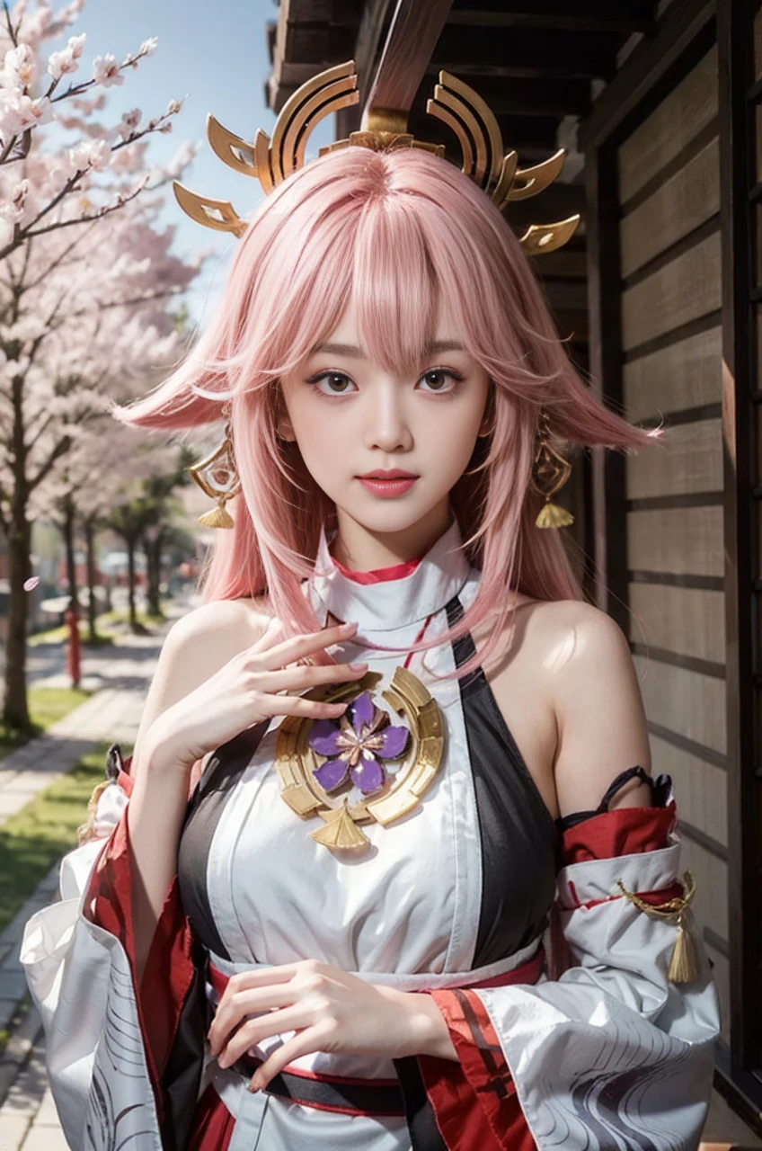 kpop idol, yae miko, detached sleeves, bare shoulders, pink hair, long hair, japanese clothes, best quality, (painting:1.5), (hair ornament:1.35), jewelry, purple eyes, earrings, breasts, torii, cherry blossoms, lantern light, depth of field face focus, ribbon_trim, (looking at viewer:1.25), nontraditional miko, shiny skin, long sleeves, smile, thick lips, hands on lips, east asian architecture, (blurry background:1.2), sitting, upper body,((ultra high res, 8k, RAW photo, best quality, masterpiece:1.47746,realistic:1.4, photo-realistic:1.4,cinematic lighting:1,intricate details:1,raw photo:1))(((ultra-detailed:1.47746))),professional lighting,((physically-based rendering:1)), ((ruddy skin:1,sweat))lens flare,ray tracing ,(extremely detailed face, beautiful detailed eyes,expressive hair:1.5,shiny hair;1)cinematic lighting,(vivid expression) (body muscle:1) solo(1girl:1.5)((smiling:1),(plump figure:1,blance body:1)(realistic hand,realistic clothes)