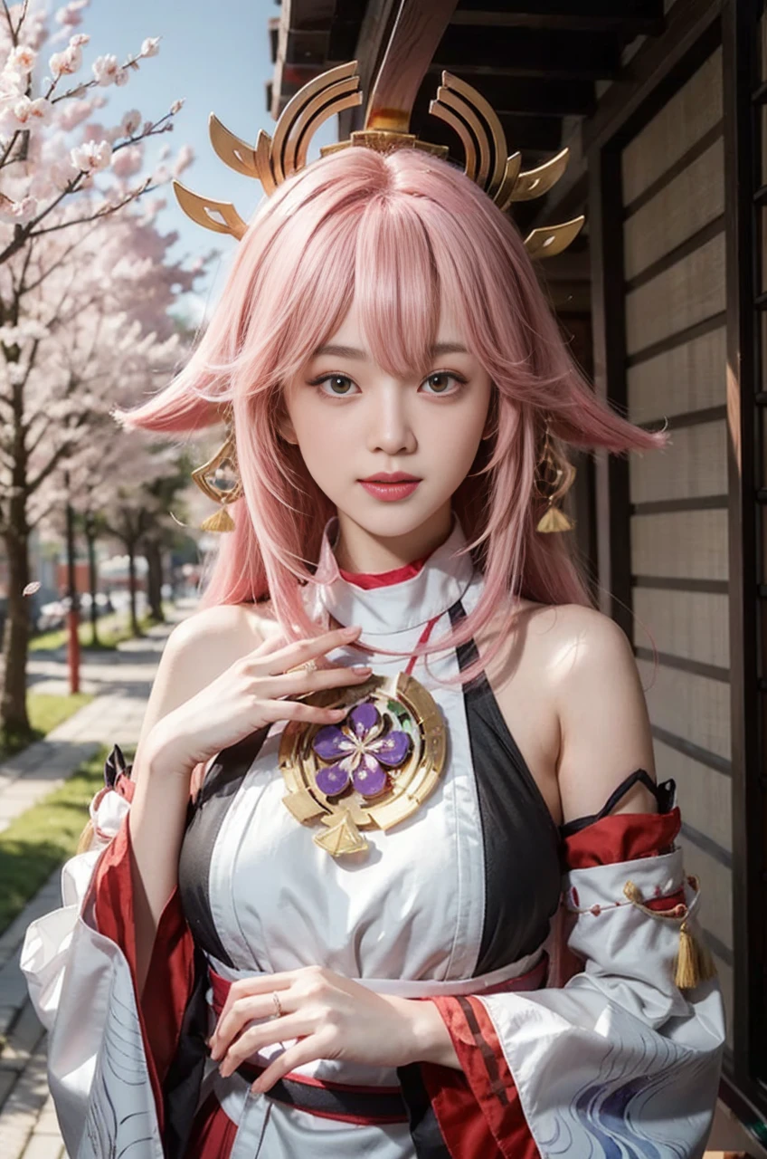 kpop idol, yae miko, detached sleeves, bare shoulders, pink hair, long hair, japanese clothes, best quality, (painting:1.5), (hair ornament:1.35), jewelry, purple eyes, earrings, breasts, torii, cherry blossoms, lantern light, depth of field face focus, ribbon_trim, (looking at viewer:1.25), nontraditional miko, shiny skin, long sleeves, smile, thick lips, hands on lips, east asian architecture, (blurry background:1.2), sitting, upper body,((ultra high res, 8k, RAW photo, best quality, masterpiece:1.47746,realistic:1.4, photo-realistic:1.4,cinematic lighting:1,intricate details:1,raw photo:1))(((ultra-detailed:1.47746))),professional lighting,((physically-based rendering:1)), ((ruddy skin:1,sweat))lens flare,ray tracing ,(extremely detailed face, beautiful detailed eyes,expressive hair:1.5,shiny hair;1)cinematic lighting,(vivid expression) (body muscle:1) solo(1girl:1.5)((smiling:1),(plump figure:1,blance body:1)(realistic hand,realistic clothes)