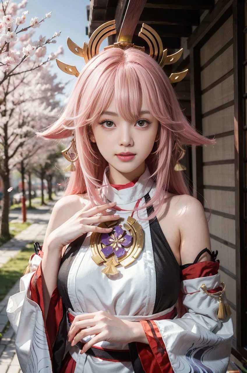 kpop idol, yae miko, detached sleeves, bare shoulders, pink hair, long hair, japanese clothes, best quality, (painting:1.5), (hair ornament:1.35), jewelry, purple eyes, earrings, breasts, torii, cherry blossoms, lantern light, depth of field face focus, ribbon_trim, (looking at viewer:1.25), nontraditional miko, shiny skin, long sleeves, smile, thick lips, hands on lips, east asian architecture, (blurry background:1.2), sitting, upper body,((ultra high res, 8k, RAW photo, best quality, masterpiece:1.47746,realistic:1.4, photo-realistic:1.4,cinematic lighting:1,intricate details:1,raw photo:1))(((ultra-detailed:1.47746))),professional lighting,((physically-based rendering:1)), ((ruddy skin:1,sweat))lens flare,ray tracing ,(extremely detailed face, beautiful detailed eyes,expressive hair:1.5,shiny hair;1)cinematic lighting,(vivid expression) (body muscle:1) solo(1girl:1.5)((smiling:1),(plump figure:1,blance body:1)(realistic hand,realistic clothes)