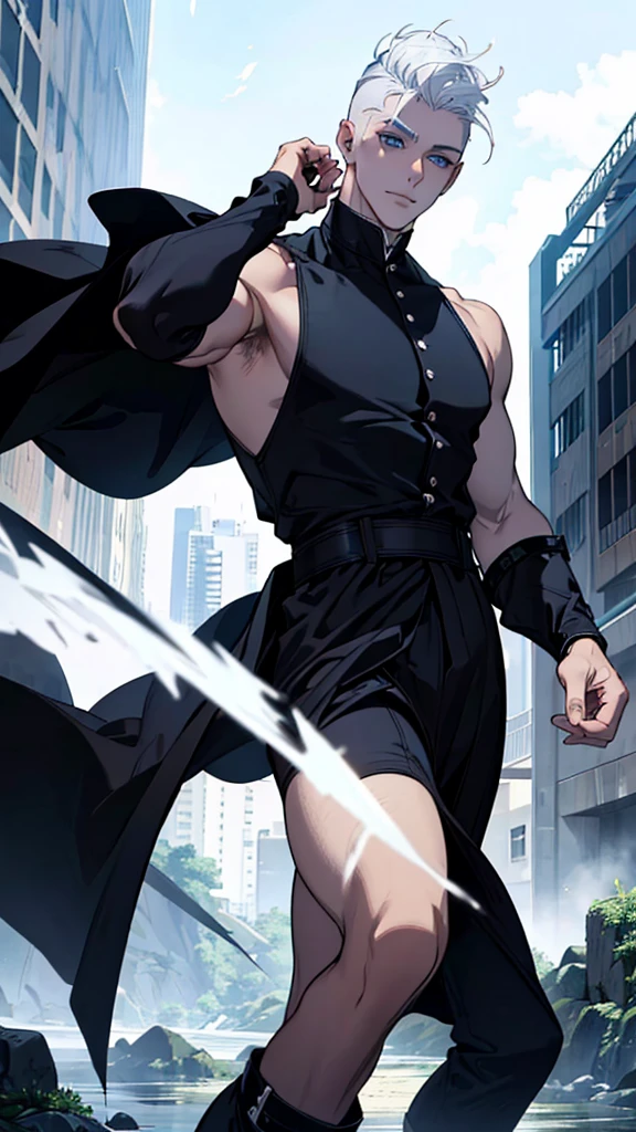 Upper body , 1man,male focus, 25 years old, ((white hair, undercut:1.2)) , ,light blue eyes ,  pale skin, pointy ears, fangs, villain smile, BREAK He wears a long sleeveless black cassock , Bare legs, black boots BREAK (((professional. highly detailed. HD. UHD. HDR. 16K. very high quality. clean. realistic anime. hyper realistic.)))   (newest)               