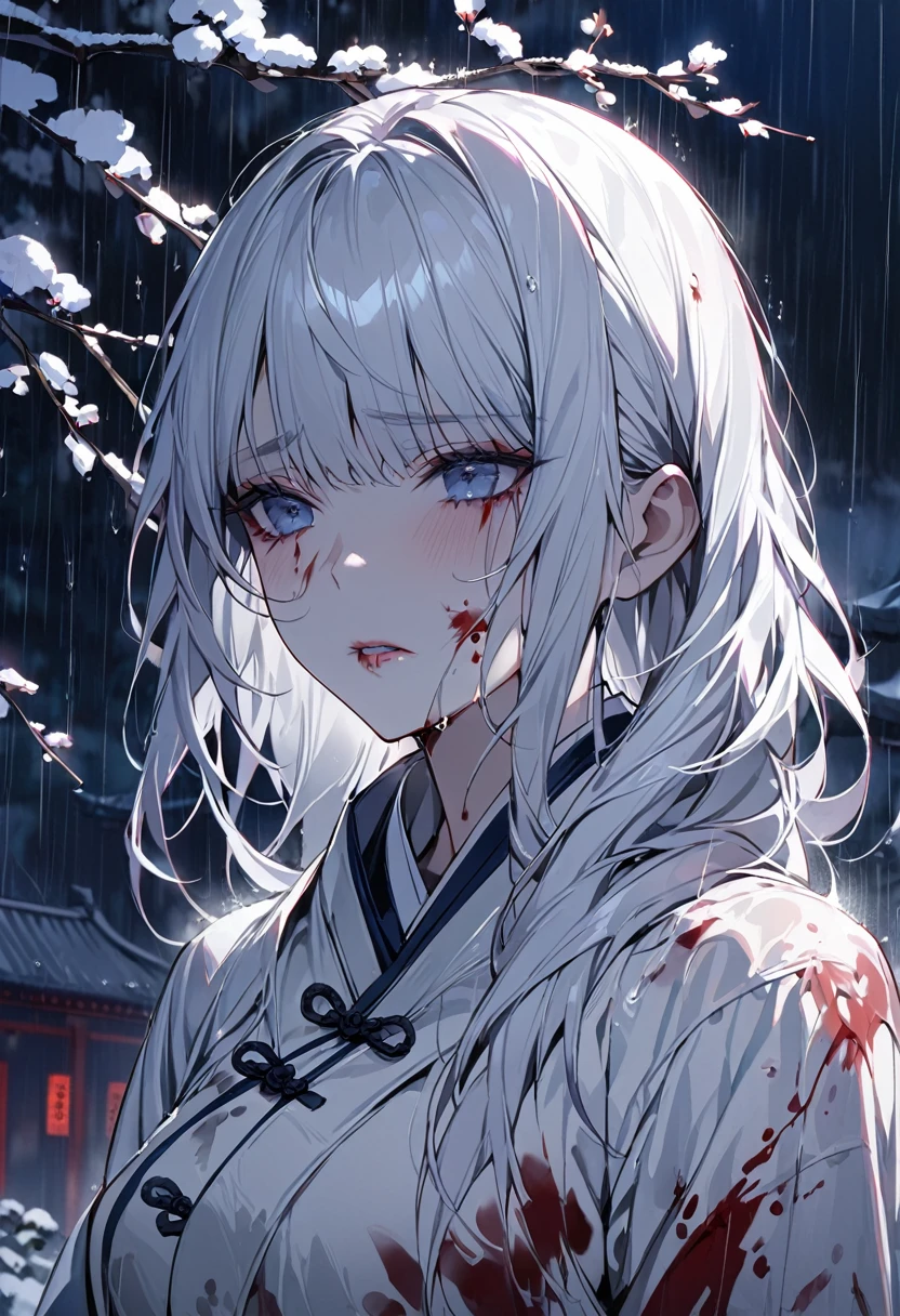 masterpiece, Highest quality, night, Outdoor, rainy days, branch, Chinese style, ancient China, 1 female, Mature Woman, A woman with long silvery white hair, Gray blue eyes, Pale pink lips, cold, Severe, weak, bangs, assassin, Short knife, White clothes, Black clothing pattern, Blood stains, Blood, Injury, Blood on the face, Blood on the clothes, rain, Beautiful Face, Beautiful Face,