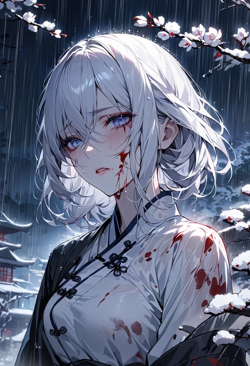 masterpiece, Highest quality, night, Outdoor, rainy days, branch, Chinese style, ancient China, 1 female, Mature Woman, A woman with long silvery white hair, Gray blue eyes, Pale pink lips, cold, Severe, weak, bangs, assassin, Short knife, White clothes, Black clothing pattern, Blood stains, Blood, Injury, Blood on the face, Blood on the clothes, rain, Beautiful Face, Beautiful Face,