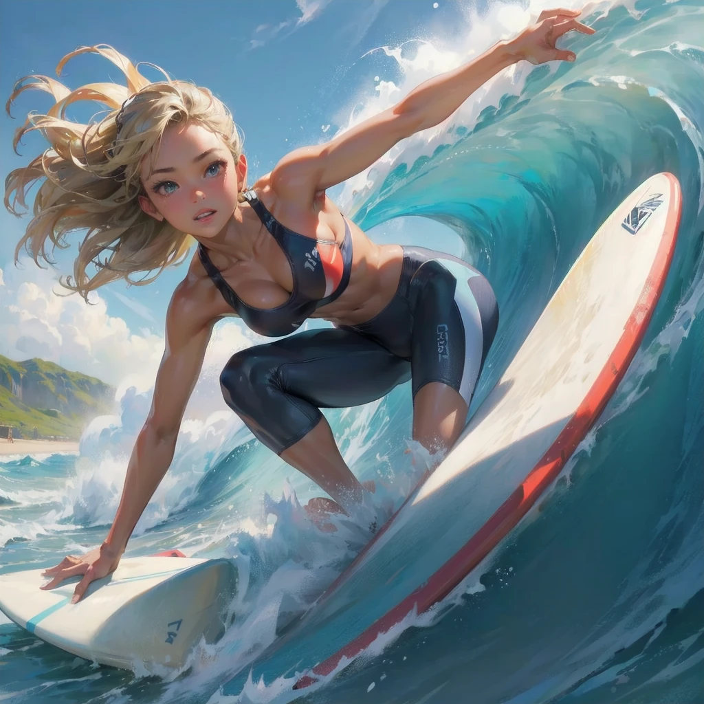 masterpiece, (textured skin), best quality, gorgeous beautiful girl, (a female surfing athlete), detailed clothes,large breasts,narrow waist,, (beautiful face), cinematic lighting, (at surfing venue ),