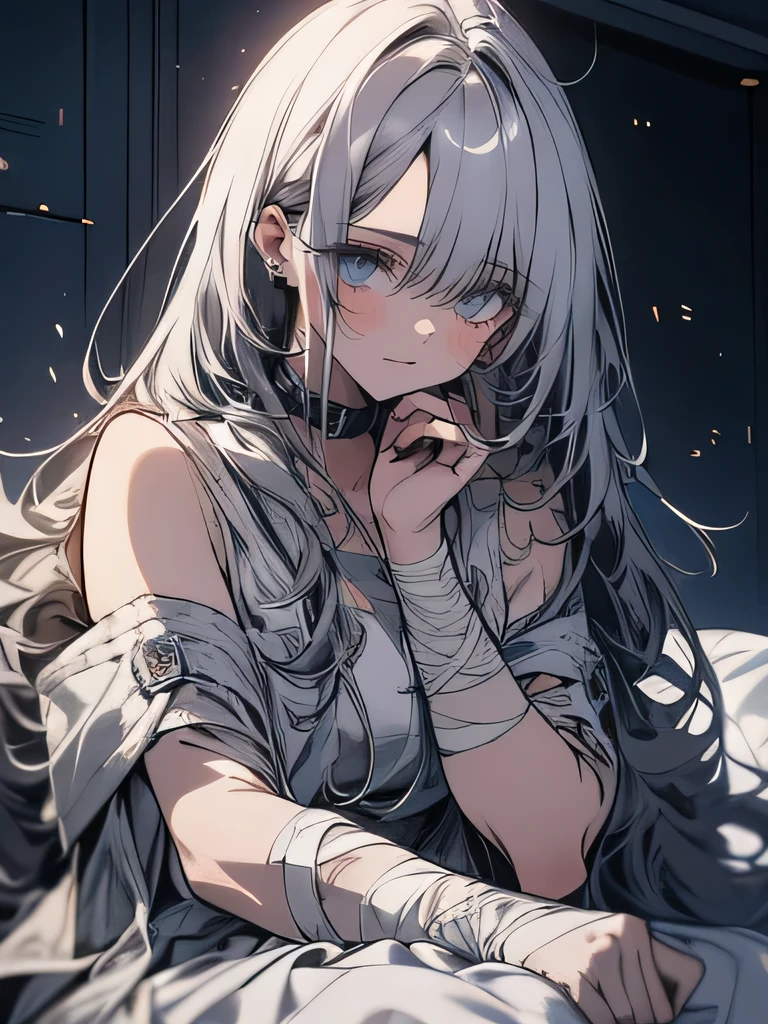 (Confused, High resolution, Very detailed), 1 female, Silver Hair,Long Hair, heterochromia eyes,White patient gown,,Appearance of the injury,24th generation,beauty,mature,thin,quiet,Calm,Sitting on a medical bed,Bandage on right arm,hospital,I was injured,bandage,Pain々Shii
