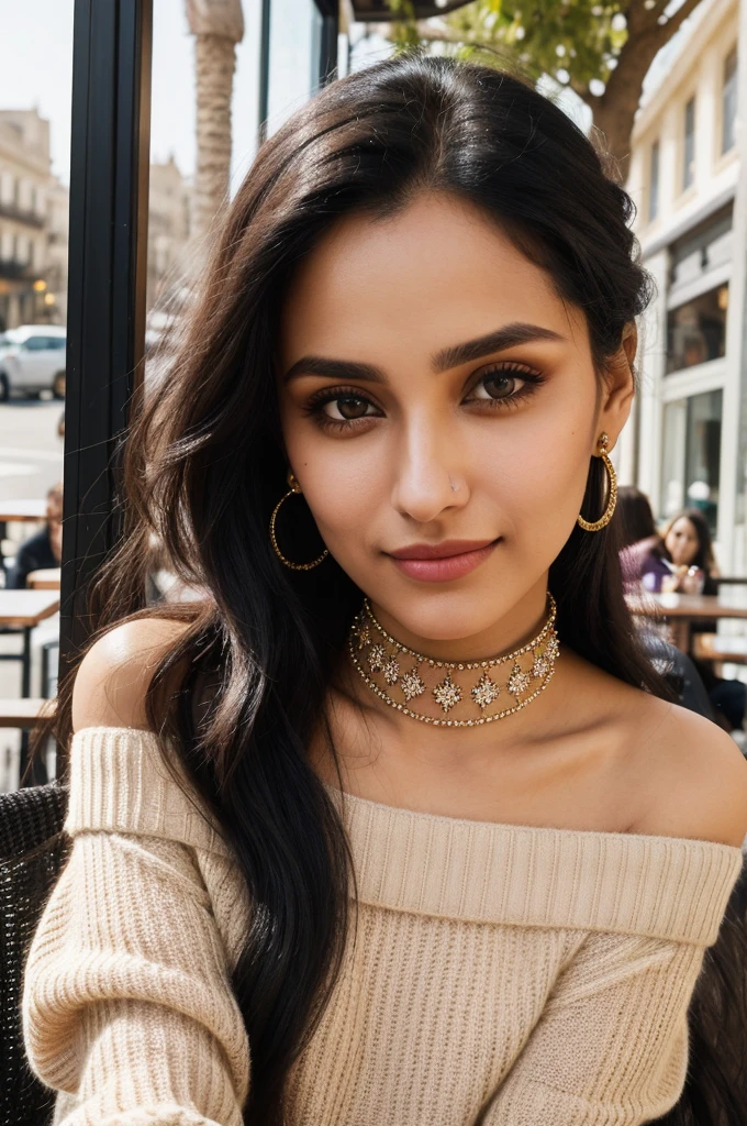 gigiHad1 piercing eyes, looking straight, very happy,long hair, wearing an off-shoulder sweater, choker, closeup portrait, in a outdoor cafe in 2015, afternoon light gigiHad1