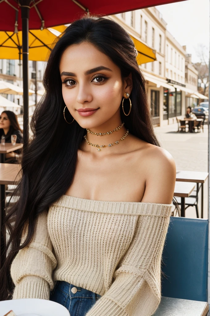 A realistic instagram influencer Model girl, age 19 years old Indian, small and rad hair, small and attractive lips, eyes 👀 Big size and rad colour, Full fairy, Brest is big size, dress upper dress scuff and lower long scarf 🧣 🩳 , stay on public bar 🍺🍻 with friends!