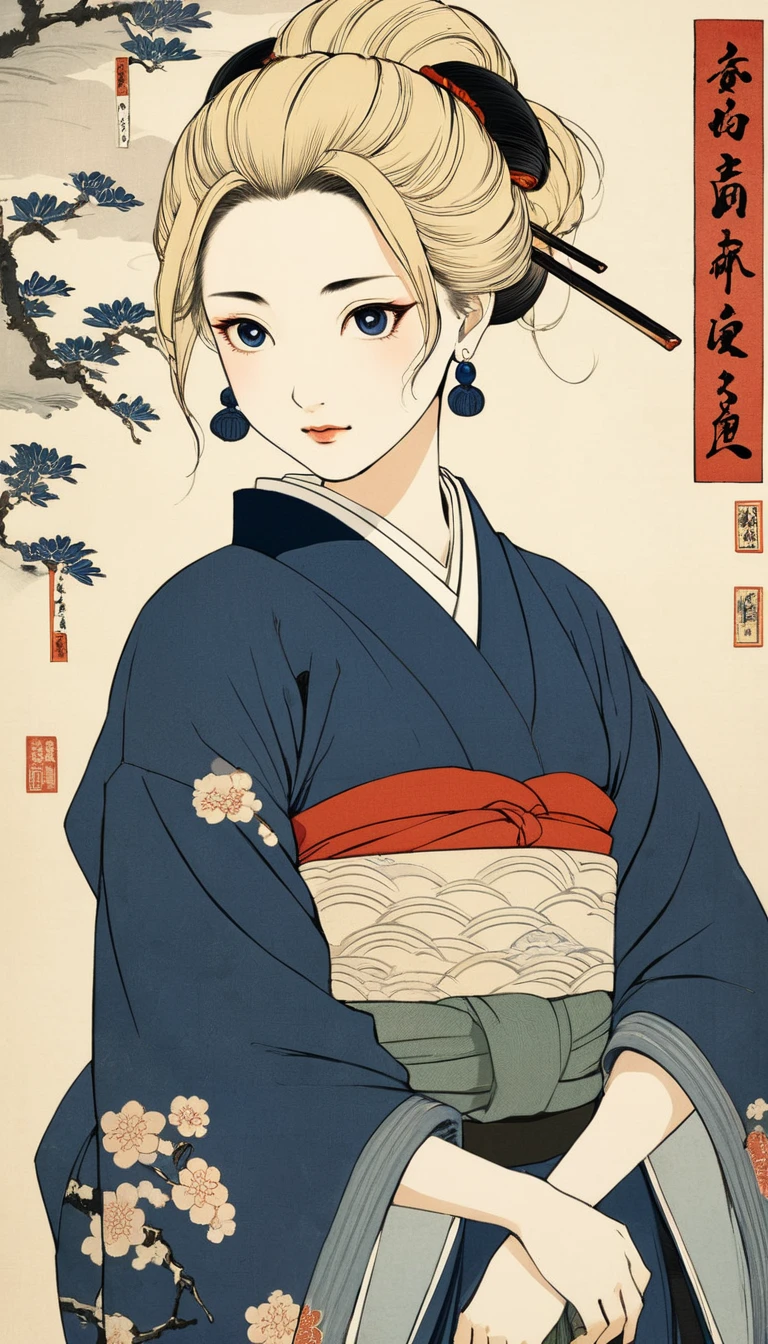 (masterpiece, Highest quality:1.2), One girl, alone,bony body、15 years old、Earrings、Blonde、Edo Period、Edo Period、Ukiyo-e style