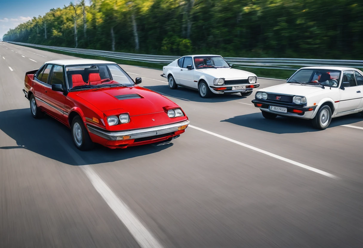 on the highway, an old European family passenger car (with red paint) overtakes all modern sports cars (with white paint)