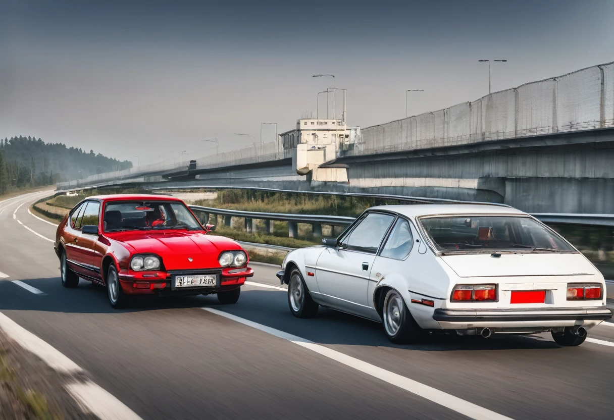 on the highway, an old European family passenger car (with red paint) overtakes all modern sports cars (with white paint)