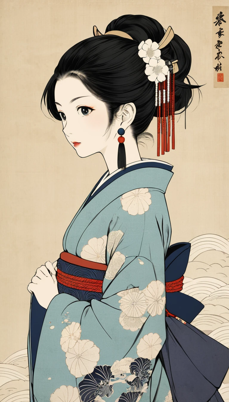 (masterpiece, Highest quality:1.2), One girl, alone,bony body、15 years old、Earrings、Edo Period、Ukiyo-e style