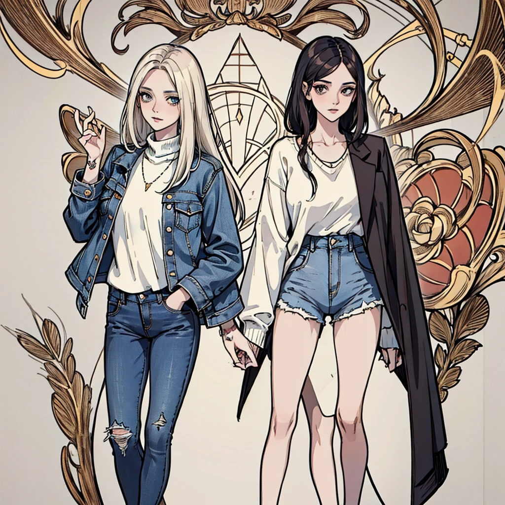 1 femme, sans yeux, cheveux brun, chandail grand d'homme, sweater tucked into pants, high waisted ripped jeans, tattoo sur les bras, photo style dessin, photos from the legs, rosy cheek, cheveux long, boho style.