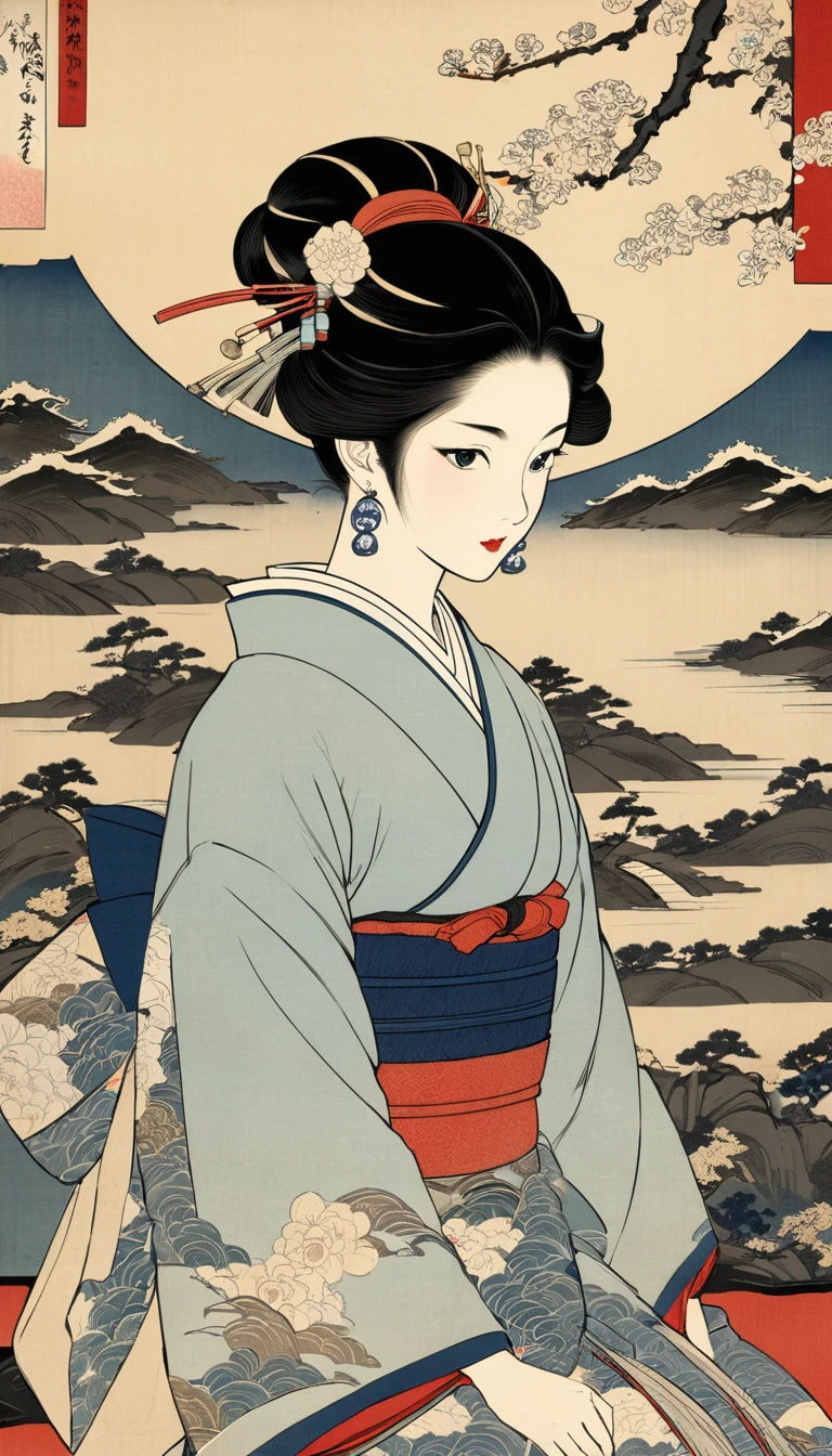 (masterpiece, Highest quality:1.2), One girl, alone,bony body、15 years old、Earrings、Edo Period、Ukiyo-e style