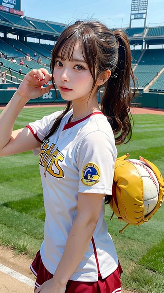(8k, masterpiece, highest quality),girl1name、wet sweat、baseball、cheerleader clothes、chocolate banana in hand、toffee apple、Simple baseball stadium background、head shot、Banana mistaken for glove