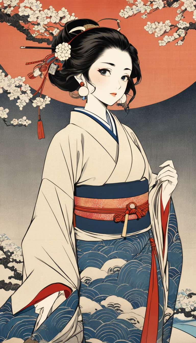 (masterpiece, Highest quality:1.2), One girl, alone,bony body、、Earrings、Edo Period、Ukiyo-e style