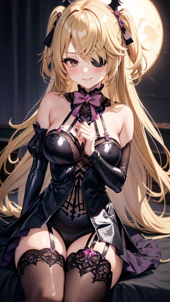 Erotic、Blonde medium straight、Big Breasts、Tight waist、Gothic ****ta、Pink and black latex dress　Pink line、adult、Married Woman、Evil female executive、tall、sexy、Wicked Smile、lure、Alluring、excited、Pitch black background、Dark bedroom at night、garter belt、stockings