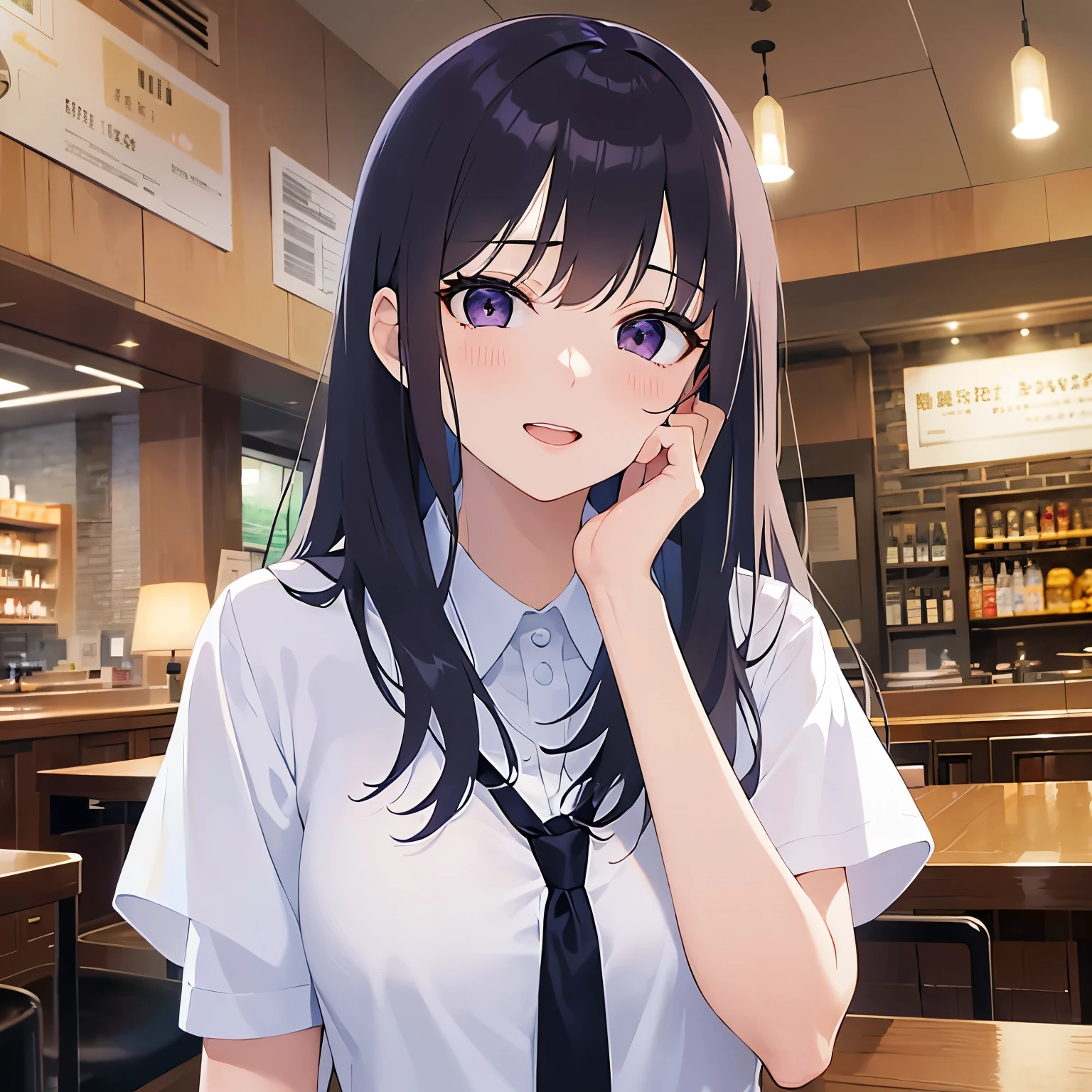 hands on own face, looking up, Upper Body, Realistic, real person, (pale skin: 1.2), RAW photo, photorealistic, shiny skin, shiny hair、(A 25-year-old woman with straight hair and bangs) and (medium hair) and (black hair) and (purple eyes) , (white collared shirt)、(blush:1.3), smile, open mouth, The background is the interior of a restaurant at night.、Alone、Are standing
