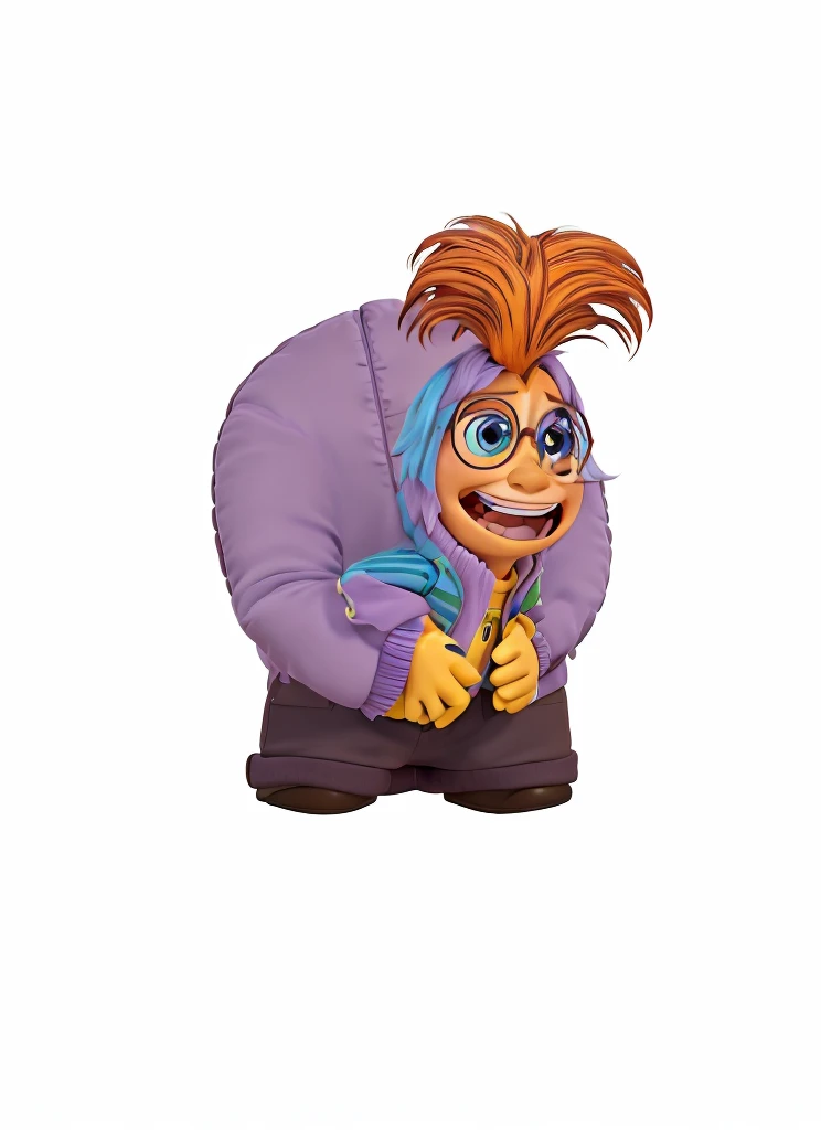 pixar inside out character, yellow skin, purple furry jacket, orange hair, brown pant