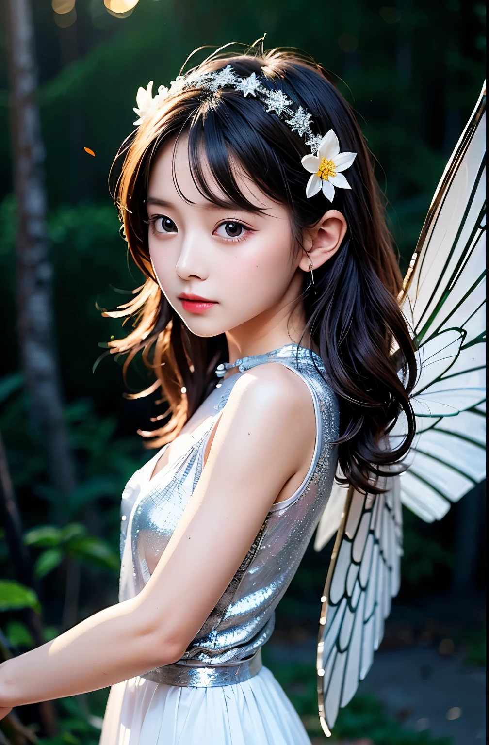masterpiece, top quality、original photo, realistic、a fairy、(The wings are transparent and shiny., like insect wings:1.3)、A fairy with a body that looks exactly like a 12-year-old girl.、、Nonsense、depth of field, highest resolution, very detailed, sharp focus, movie lights、Add highlights to your eyes