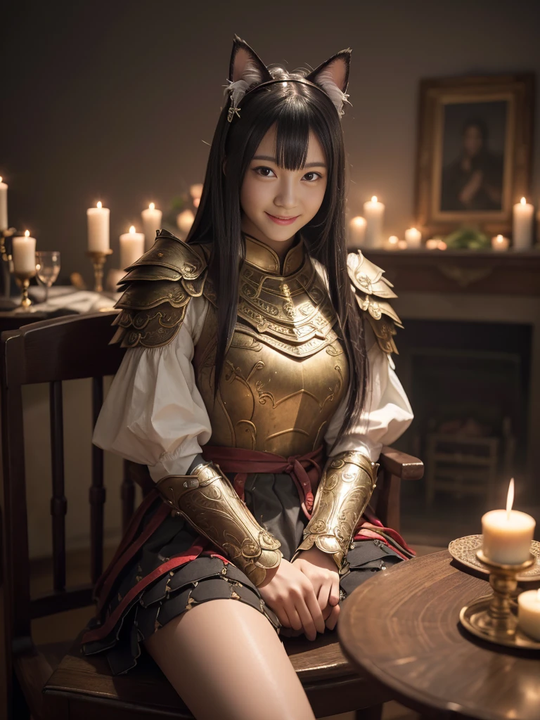 Realistic photos、18-year-old、cute、Girl、3 people、(Realistic Skin:1.5)、(Dark Room、Sit on a chair、Thighs、Woman gazing at candlelight)、shadow、dramatic、Impressive movie、slender、Full body photo、Multicolored Armor、Red and black leather armor、Woman warrior、Tight waist、Metal Hair Ornament、Black Hair、Straight hair、bangetal cat ears、smile、Perfect white teeth、Highest quality、High resolution、(masterpiece)、Professional photos、8k resolution、Intricate details、Physically Based Rendering、8k wallpaper、