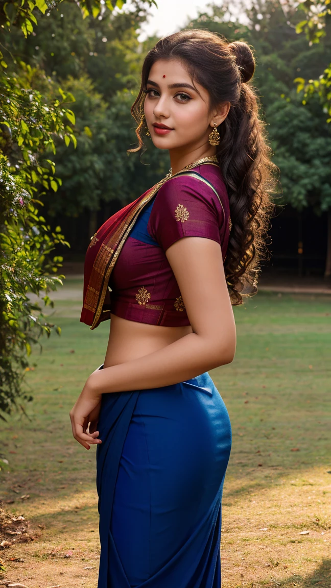 Full body view, Outdoor image of 21yo in school school photo in school masterpiece, (photorealistic:1.7), best quality, beautiful lighting, Eleanor Ukraine girl dark lipstick 20yo Old Big Breasts Plus Size Model random colour beautiful eyes extremely high Bun long extreme curly hair Lifts wearing Indian saree.