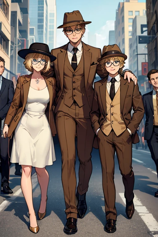 male, blonde short messy hair, blue eyes, (((1boy))), (((brown suit jacket))), (white dress shirt), (golden yellow vest), (brown dress pants), (black necktie), (black dress shoes), (brown trilby hat), (glasses), young, long legs, smiling, single man, no other people, one man, alone