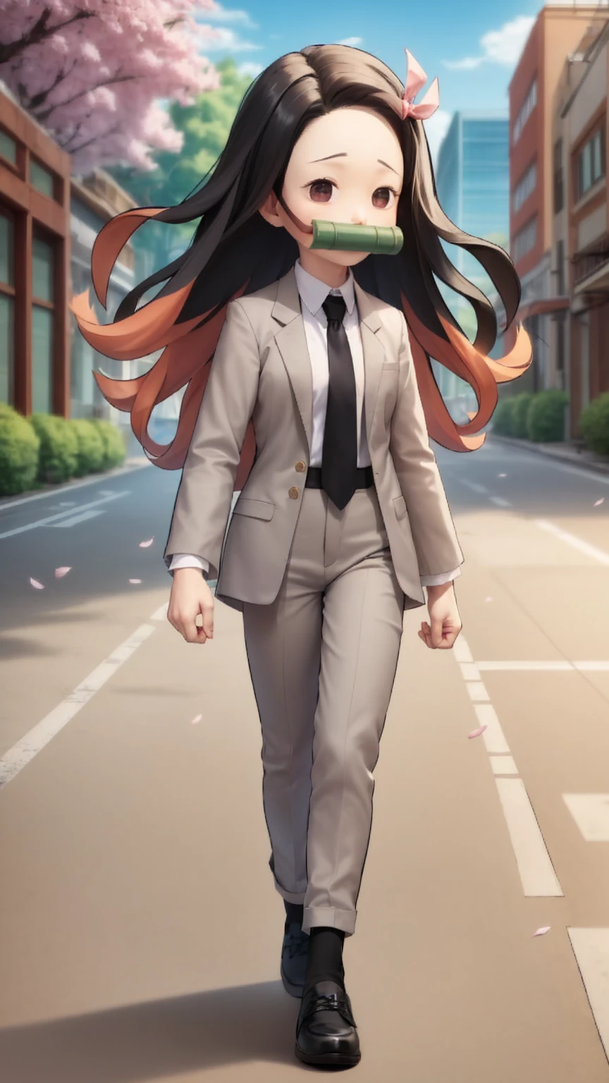 solo,solid circle eyes,parody, chibi,,grey suit, (grey blazer), grey pants, white collared shirt, (black necktie), pink hair ribbon,floating hair,black hair,two-tone hair,power walking, street,building,cherry blossoms,bamboo bit gag, raised eyebrows,dynamic pose,(from side:0.75) ,pants,jacket,oversized clothes,black shoes,black socks