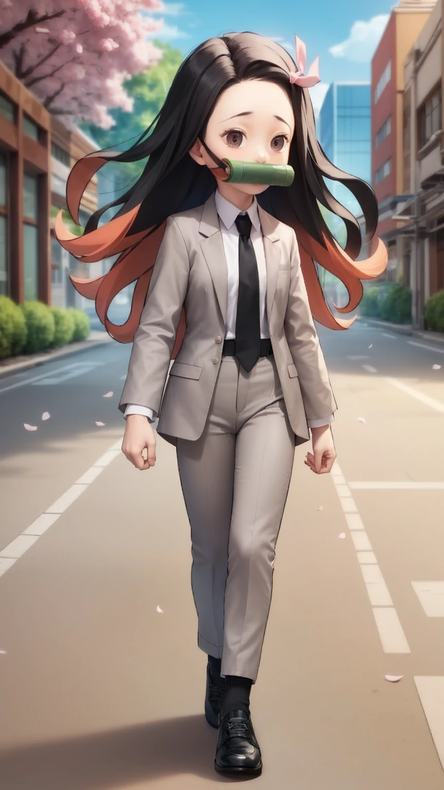 solo,solid circle eyes,parody, chibi,,grey suit, (grey blazer), grey pants, white collared shirt, (black necktie), pink hair ribbon,floating hair,black hair,two-tone hair,power walking, street,building,cherry blossoms,bamboo bit gag, raised eyebrows,dynamic pose,(from side:0.75) ,pants,jacket,oversized clothes,black shoes,black socks