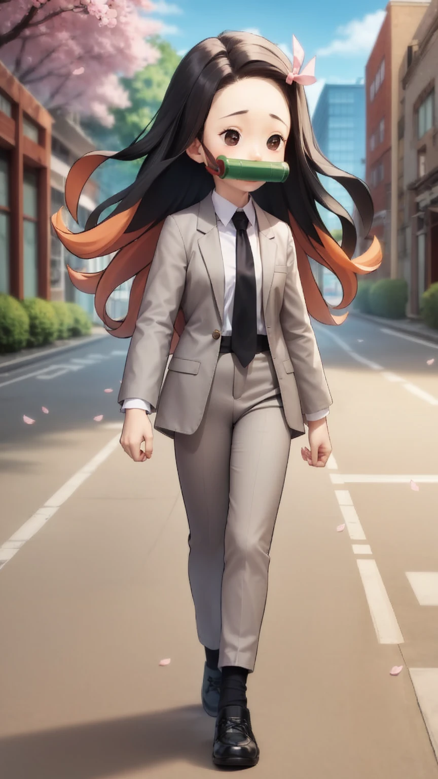 solo,solid circle eyes,parody, chibi,,grey suit, (grey blazer), grey pants, white collared shirt, (black necktie), pink hair ribbon,floating hair,black hair,two-tone hair,power walking, street,building,cherry blossoms,bamboo bit gag, raised eyebrows,dynamic pose,(from side:0.75) ,pants,jacket,oversized clothes,black shoes,black socks
