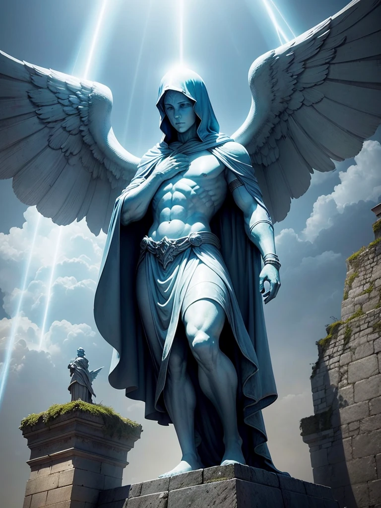 on top of a castle, A stone statue, blue beam of light emits from the statue towards the sky, the statue looks like an ancient god, the statue is hooded, with your face covered, has wings, medieval fantasy world