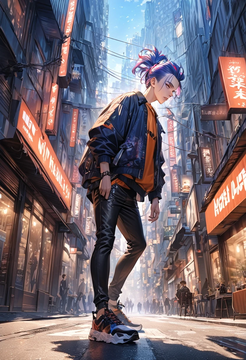 Highest quality masterpiece, Handsome male, male, Young people, Unusual hairstyle with shaved temples, Colored hair, Fashionable streetwear, Modern Fashion, Larger clothes, Cool look, Unusual viewing angle, Dynamic posture, Height, background: Beautiful streets of the city, Realistic and beautiful lighting