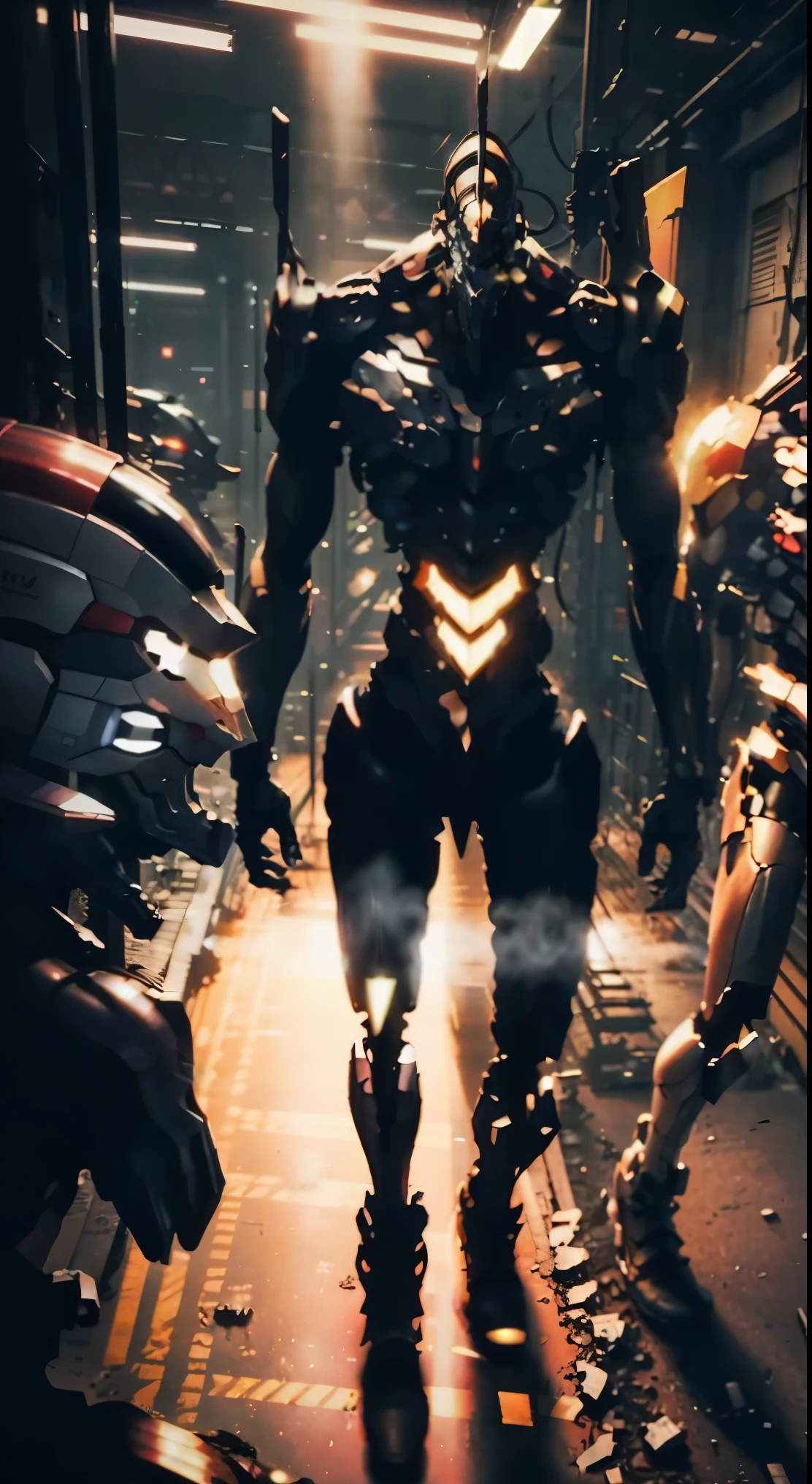 a highly detailed and realistic full-body portrait of Eva 01, an anime mecha character, walking among futuristic buildings, dramatic lighting, cinematic composition, volumetric fog, intricate mechanical details, dynamic pose, gleaming metallic textures, neon-lit cityscape background, hyper-detailed, 8K, photorealistic