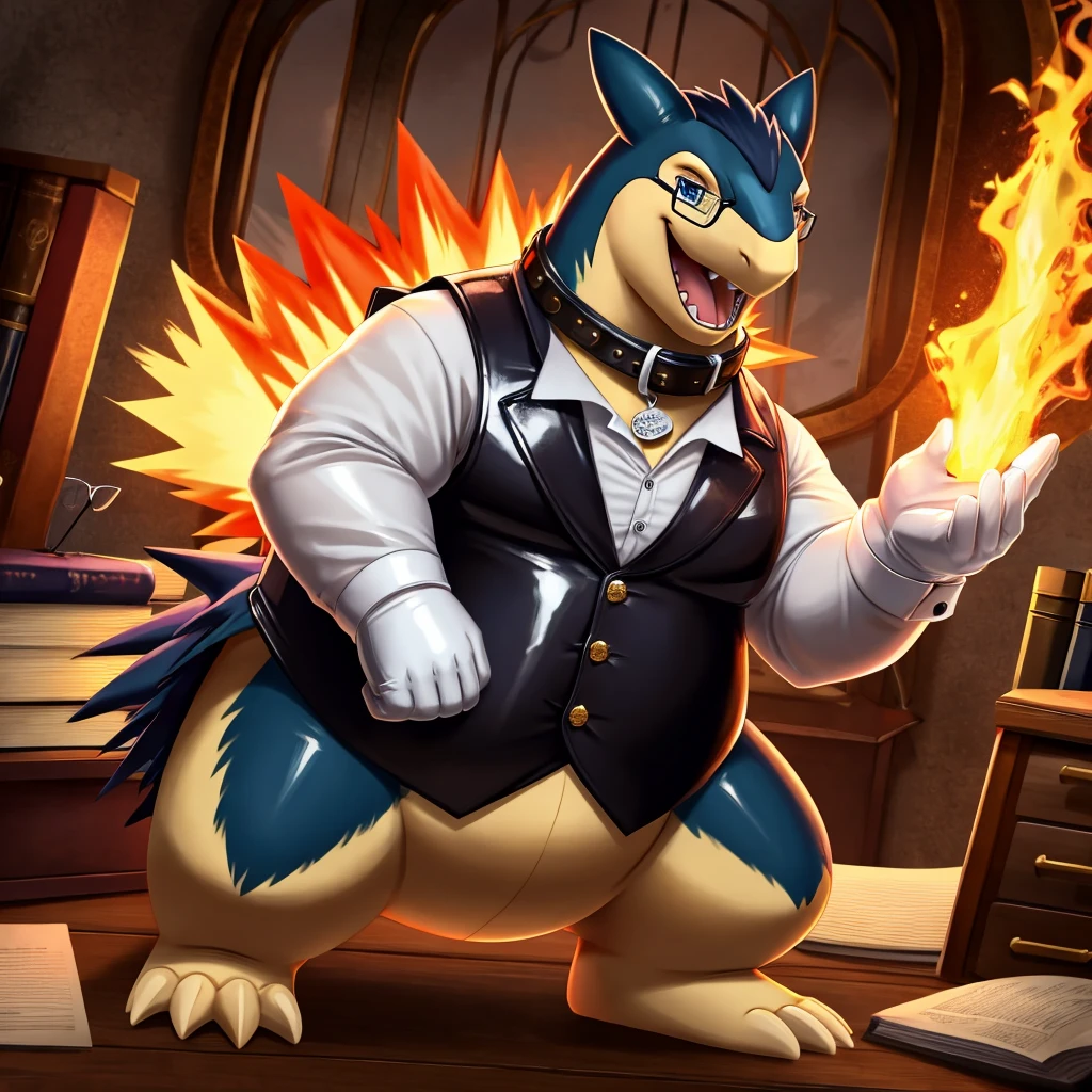 Solo, Male, fat, extremely obese, gentleman, dapper Professor Typhlosion, steampunk, blue eyes, (posing:1.3), (soft shading), 4k, hi res, ((detailed face, detailed)), looking at viewer, mouth wide open, evil laugh, dapper clothing, collared shirt with buttons, top hat, male focus, Explorer Outfit, glasses, monocle, vest with buttons, sleeves rolled up, round eyewear, brown headwear, brown vest, office, Typhlosion is wearing a glossy leather dog collar around the neck, Typhlosion is wearing the leather collar and shirt and vest at the same time, Typhlosion is wearing glossy white rubber gloves on the hands, wearing white rubber gloves on the feet, gloves are rubber in texture, clenching fists, leather collar is glossy and shiny with a lot of detail, Typhlosion is wearing gloves and leather collar at the same time, leather collar has a round dog-tag, leather collar is thick and detailed, leather collar is glossy and shiny, fancy clothing, dapper vest, dapper shirt, leather collar is thick, glossy leather collar.