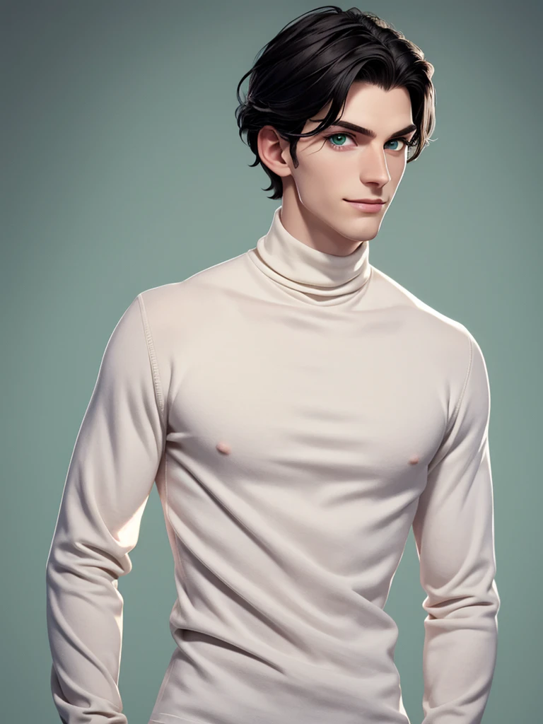 (best quality), 1boy, pale skin, black hair, medium hair, curtain hair, tousled hair, green eyes, perfect eyes, dark circles under eyes, tall, slender, handsome, strong jawline, lazy, light smile, attractive, turtleneck sweater, masterpiece, anatomically correct, highres