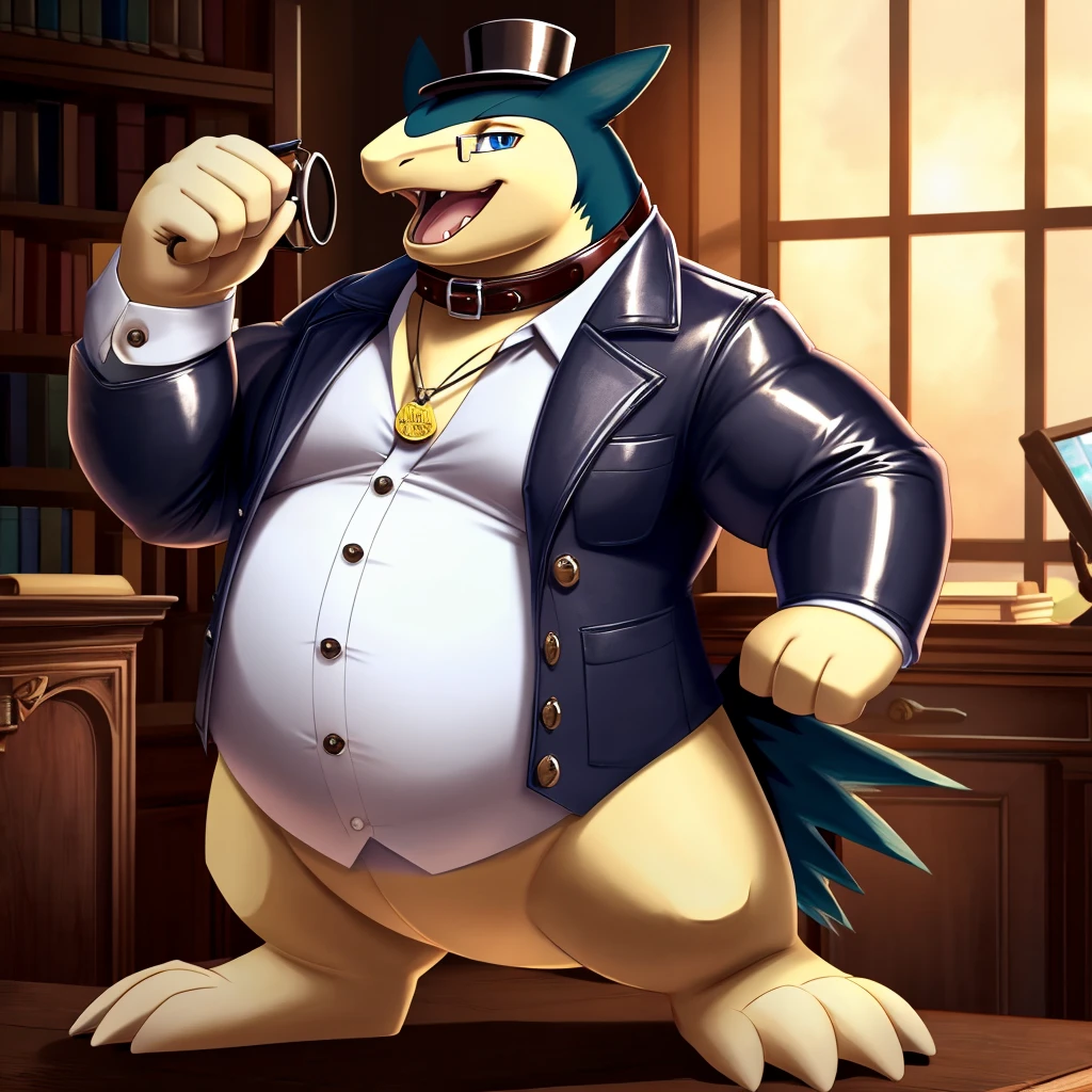 Solo, Male, fat, extremely obese, gentleman, dapper Professor Typhlosion, steampunk, blue eyes, (posing:1.3), (soft shading), 4k, hi res, ((detailed face, detailed)), looking at viewer, mouth wide open, evil laugh, dapper clothing, collared shirt with buttons, top hat, male focus, Explorer Outfit, glasses, monocle, vest with buttons, sleeves rolled up, round eyewear, brown headwear, brown vest, office, Typhlosion is wearing a glossy leather dog collar around the neck, Typhlosion is wearing the leather collar and shirt and vest at the same time, Typhlosion is wearing glossy white rubber gloves on the hands, wearing white rubber gloves on the feet, gloves are rubber in texture, clenching fists, leather collar is glossy and shiny with a lot of detail, Typhlosion is wearing gloves and leather collar at the same time, leather collar has a round dog-tag, leather collar is thick and detailed, leather collar is glossy and shiny, fancy clothing, dapper vest, dapper shirt, leather collar is thick, glossy leather collar.