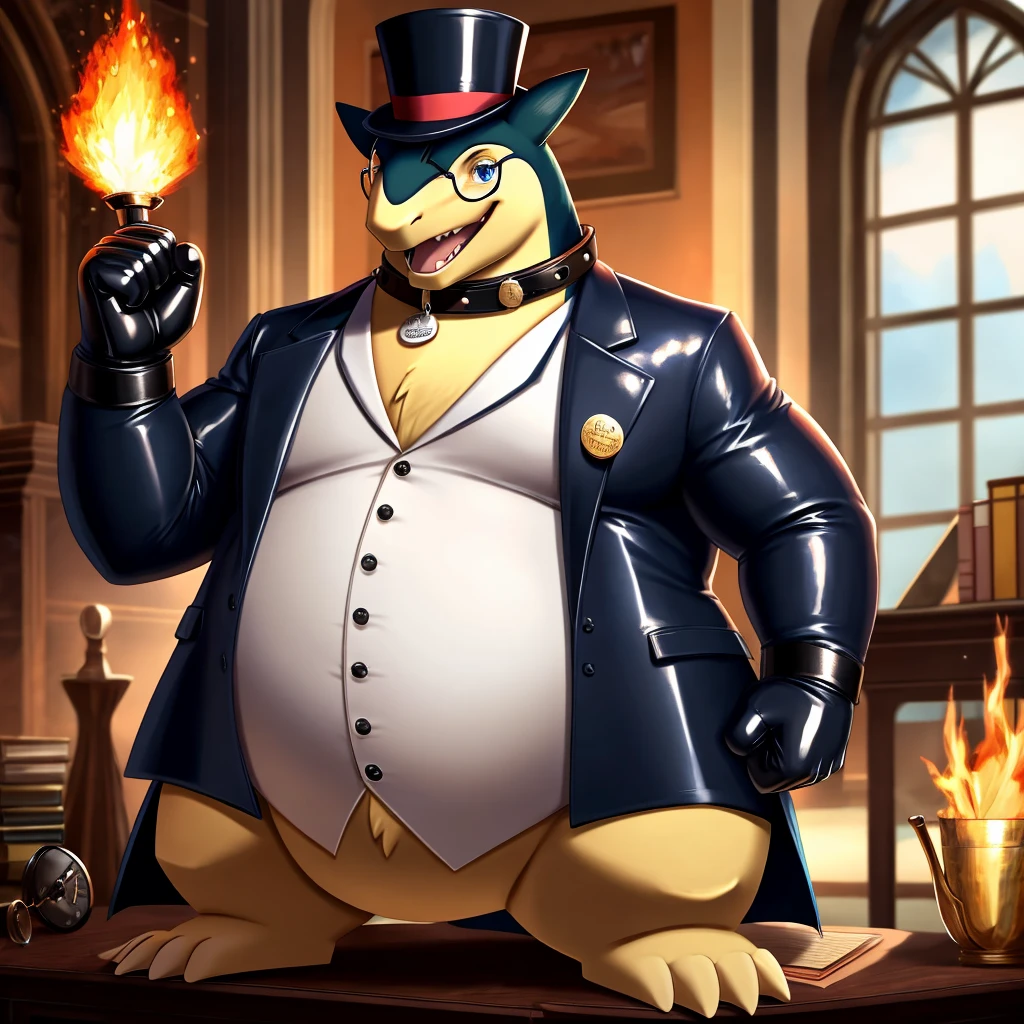 Solo, Male, fat, extremely obese, gentleman, dapper Professor Typhlosion, steampunk, blue eyes, (posing:1.3), (soft shading), 4k, hi res, ((detailed face, detailed)), looking at viewer, mouth wide open, evil laugh, dapper clothing, collared shirt with buttons, top hat, male focus, Explorer Outfit, glasses, monocle, vest with buttons, sleeves rolled up, round eyewear, brown headwear, brown vest, office, Typhlosion is wearing a glossy leather dog collar around the neck, Typhlosion is wearing the leather collar and shirt and vest at the same time, Typhlosion is wearing glossy white rubber gloves on the hands, wearing white rubber gloves on the feet, gloves are rubber in texture, clenching fists, leather collar is glossy and shiny with a lot of detail, Typhlosion is wearing gloves and leather collar at the same time, leather collar has a round dog-tag, leather collar is thick and detailed, leather collar is glossy and shiny, fancy clothing, dapper vest, dapper shirt, leather collar is thick, glossy leather collar.