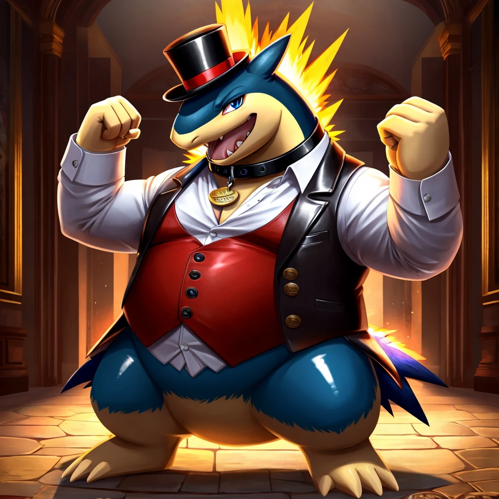Solo, Male, fat, extremely obese, gentleman, dapper Professor Typhlosion, steampunk, blue eyes, (posing:1.3), (soft shading), 4k, hi res, ((detailed face, detailed)), looking at viewer, mouth wide open, evil laugh, dapper clothing, collared shirt with buttons, top hat, male focus, Explorer Outfit, glasses, monocle, vest with buttons, sleeves rolled up, round eyewear, brown headwear, brown vest, office, Typhlosion is wearing a glossy leather dog collar around the neck, Typhlosion is wearing the leather collar and shirt and vest at the same time, Typhlosion is wearing glossy white rubber gloves on the hands, wearing white rubber gloves on the feet, gloves are rubber in texture, clenching fists, leather collar is glossy and shiny with a lot of detail, Typhlosion is wearing gloves and leather collar at the same time, leather collar has a round dog-tag, leather collar is thick and detailed, leather collar is glossy and shiny, fancy clothing, dapper vest, dapper shirt, leather collar is thick, glossy leather collar.