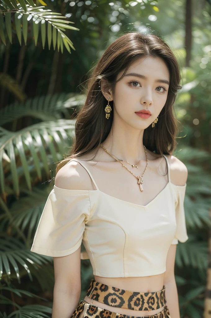 (((best quality))),(((ultra detailed))),(((masterpiece))),illustration,((1 beautiful girl,solo)),(shoulder length messy hair:1.2),((Beast bone earrings and necklace)),((slim,thin)),((small breasts,flat chest)),(slender legs:1.2),fair complexion,(leopard print short-sleeved shirt and mini skirt:1.3),seductive,wild spirit,lush forest,primitive,tall trees,green canopy, sunlight filter,scent of earth,bird chirping,small creatures,secluded spot,captivating,enigmatic,raw energy,untamed spirit,morden day Eve,Garden of Eden,playful,adventurous,striking appearance,exotic setting,summertime,heat,humidity,vibrant colours,endless possibilities,exquisite detail,expansive wilderness,feminine allure,((from front,upper body))