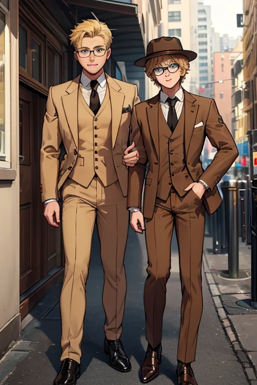 male, blonde short messy hair, blue eyes, (((1boy))), (((brown suit jacket))), (white dress shirt), (golden yellow vest), (brown dress pants), (black necktie), (black dress shoes), (brown trilby hat), (glasses), young, long legs, smiling, single man, no other people, one man, alone