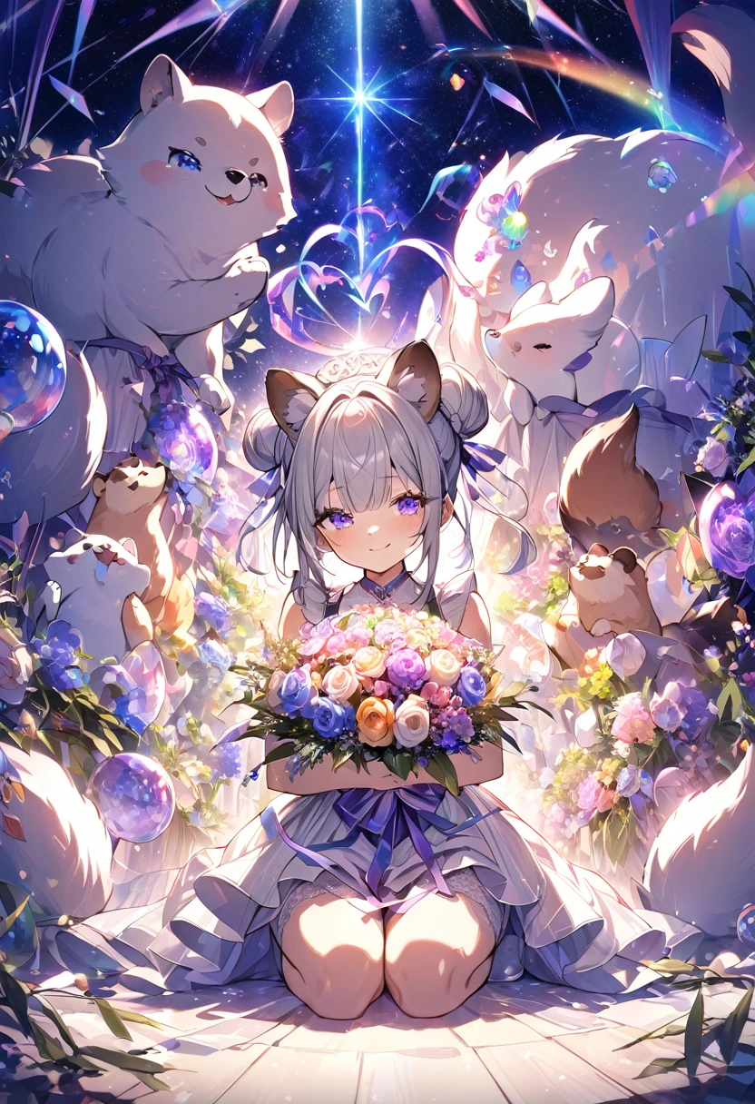Tabletop:1.4), Rich in pH 、One Girl、 alone、(Highest quality:1.3), High resolution, behind,Nice views、(pretty girl:1.3), alone, Big smile、A ring of iridescent angels hovers above my head、Whole Body Ezbian（3:4）Swave,Big iridescent heart on background、Angel Ring、Maid clothes、eight-headed body、A flock of Diamond Eteols、squat、Close one eye、amount、Wide forehead、Model standing、Large bouquet、Bouquet of iridescent colors、Holding a bouquet、Focus on eye brightness、yogapose、Gray Hair, (Beaver:1.2), Mixed mesh and light blue、Hair Bun, (Blunt bangs:1.2), The eyes are purple, Miraculous Eye、Light from the eyes、Beautiful attention to detail, Ultra-detailed eyes、Sparkling Eyes,From the back、yoga、Colorful starry sky,performer,Iridescent aura around the eyes、Raise your hand to stretch、Lie down and stick your hips out、Rainbow Eyes、A rainbow-colored aura surrounds the whole body.、 Shadow lighting,Perfect body