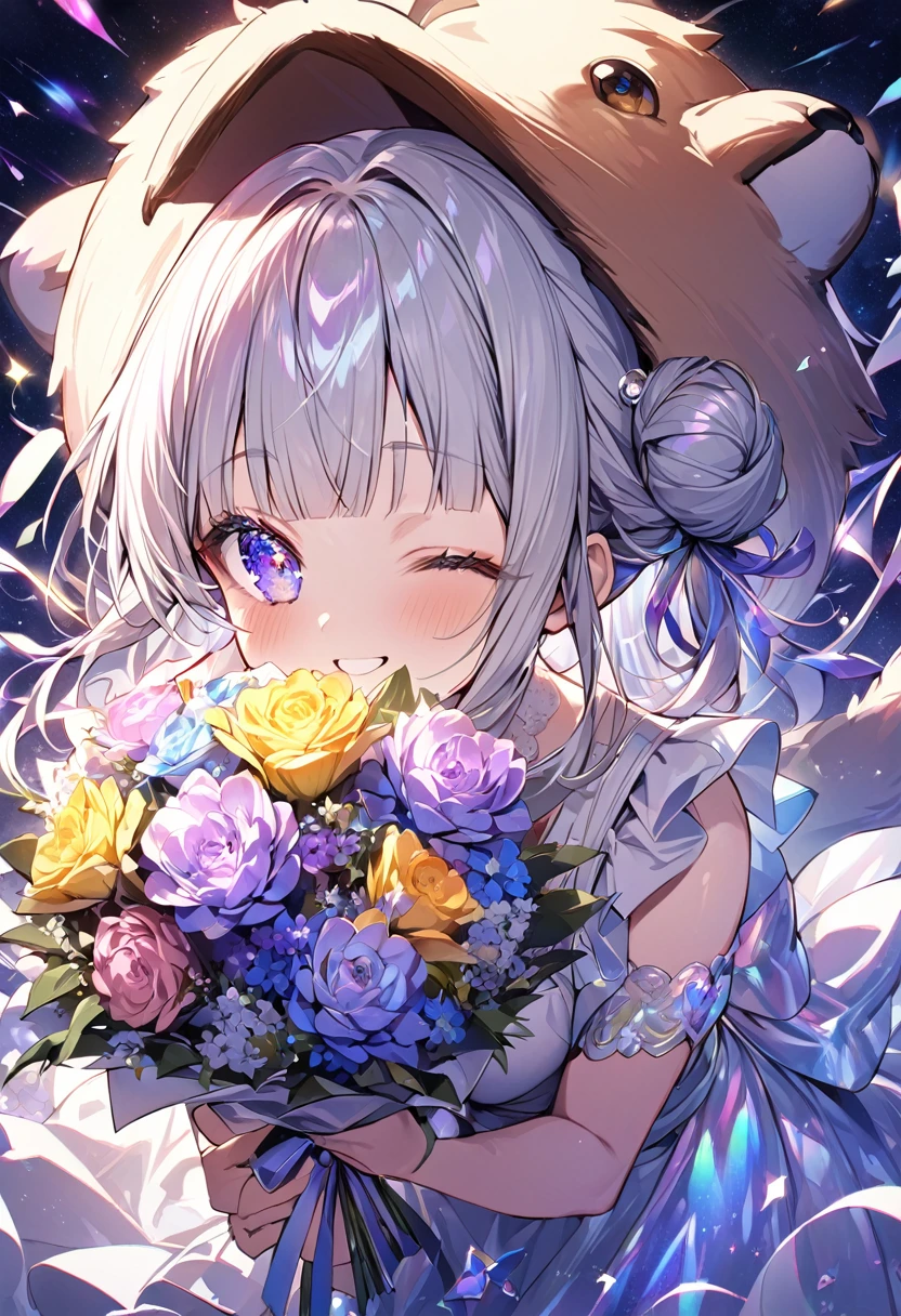 Tabletop:1.4), Rich in pH 、One Girl、 alone、(Highest quality:1.3), High resolution, behind,Nice views、(pretty girl:1.3), alone, Big smile、A ring of iridescent angels hovers above my head、Whole Body Ezbian(3:4)Swave,Big iridescent heart on background、Angel Ring、Maid clothes、eight-headed body、A flock of Diamond Eteols、squat、Close one eye、amount、Wide forehead、Model standing、Large bouquet、Bouquet of iridescent colors、Holding a bouquet、Focus on eye brightness、yogapose、Gray Hair, (Beaver:1.2), Mixed mesh and light blue、Hair Bun, (Blunt bangs:1.2), The eyes are purple, Miraculous Eye、Light from the eyes、Beautiful attention to detail, Ultra-detailed eyes、Sparkling Eyes,From the back、yoga、Colorful starry sky,performer,Iridescent aura around the eyes、Raise your hand to stretch、Lie down and stick your hips out、Rainbow Eyes、A rainbow-colored aura surrounds the whole body.、 Shadow lighting,Perfect body