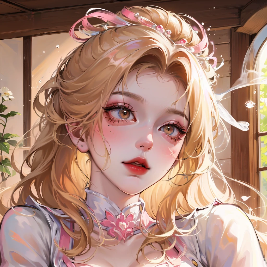 ((masterpiece)),high quality,Extremely detailed,Blonde+White clothing:1.2,Sweet and delicate girl,Bijai,Lolita prostitute，Exquisite facial features,Perfect body，Pearl decorated face，There are bubbles around,Bright colors,Romantic long hair,Natural light,Warm and sweet,Brown eyes,Gorgeous hair accessories，Pink clothing
