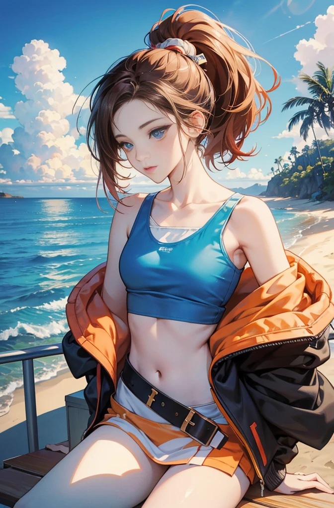 Very colorful, Pop feel, Blue sky, cumulonimbus, California, Pasadena, Beach, Seaside, Summer image, sense of openness, Beautiful woman with orange ponytail, Very beautiful detailed eyes, Beautiful and delicate eyes, Around 25 years old, Red Tank Top, Wearing a jacket, stylish belt, Perfect tall model figure, Cool Beauty, West Coast, Shining summer memories, Anime drawing by Yang J, シティポップのお洒落なCD jacket, Art Station Trends, realism, extremely detailed The buds of art, Realistic anime 3D style, Anime Style 4 k, Up to the model | The buds of art, Anime Style. 8k, Casual clothing, Realistic anime art style, style The buds of art, Sharp contours, Highest quality, The perfect angle, Perfect composition, Perfect subject, Best Shot, Official Art，CD jacket, 80&#39;s City Pop, Stylish, Very stylish, Anime drawings inspired by Yanjun Chen, Trending on Art Station, realism, Anime Style 4 k, Anime Style. 8k, Realistic Anime 3D Style, Realistic anime art style, Digital anime illustration, Style Anime, Gweiz-style artwork, Anime Style illustration, Digital anime art